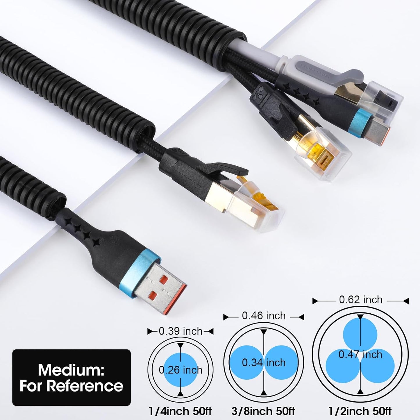 YesBes 1/4", 1/2", 3/8 Inch 50 Wire Loom x FT, Split Wire Loom Tubing Wire Conduit, Cable Sleeves Bulk Flexible