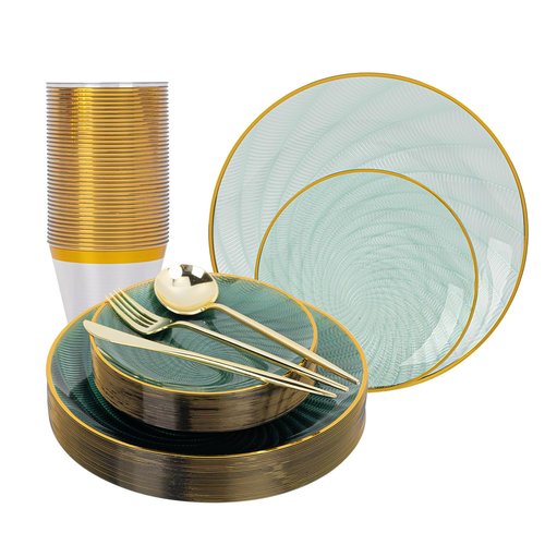 N9R 180 PCS Disposable Dinnerware Set with Gold Rim for 30 Guests,Green Plastic Plates Include 30 Dinner Plate, 30 Dessert Plates, 30 Cups, 90 Heavy Duty Gold Plastic Silverware for Party & Wedding