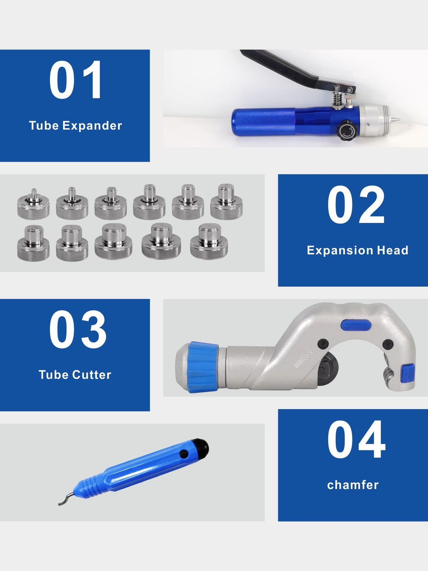 AMZCNC Hydraulic Tube Expander Compact Swaging Tool Kit with Tube Cutter, Deburring Tool and 11 Expander Heads for 3/8 to 1-5/8 Inches Copper Pipes (3/8“~1-5/8”)