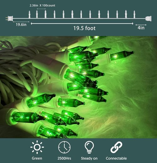 HISHINY Green Christmas Lights - 100 Count St. Patrick's Day String Lights | UL Certified, 21 Feet for Indoor/Outdoor Decor