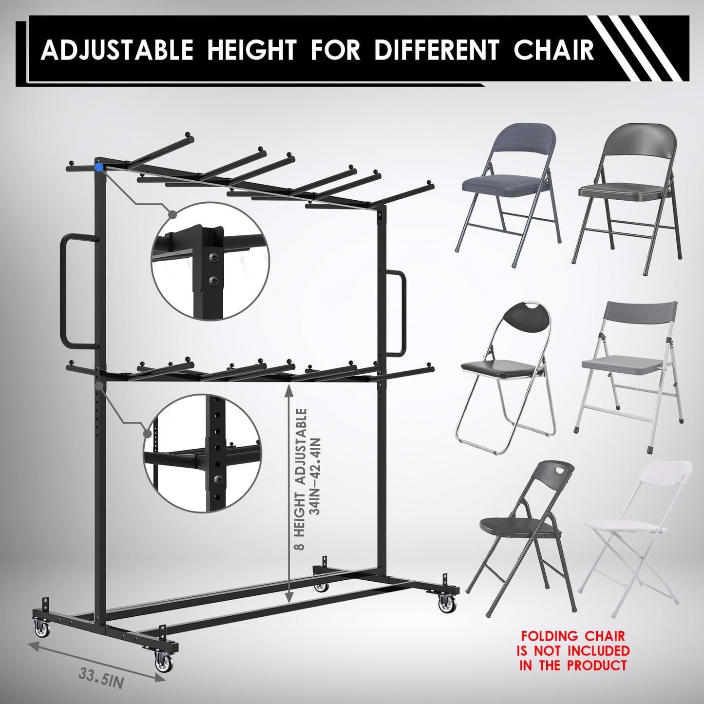 Folding Table And Chair Cart,Two Tier Folding Chair And Table Storage Rack With 800LBS Capacity For 84 Folding Chairs Heavy Metal Folding Chair Holder Rack with Rubber Locking Wheels,Straps and Cover