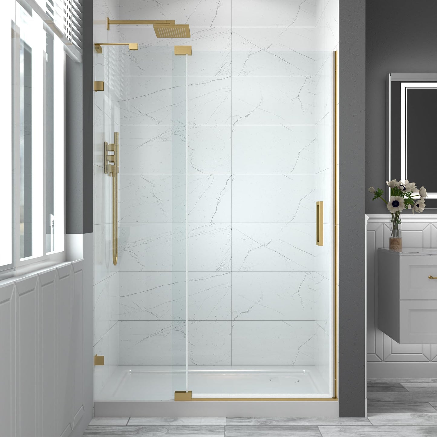 ComfyStyle 44-48" W x 70" H Frameless Pivot Shower Door, 5/16"(8mm) Clear SGCC Tempered Glass Shower Doors, Brushed Gold Hinged Shower Glass Door, Reversible Installation