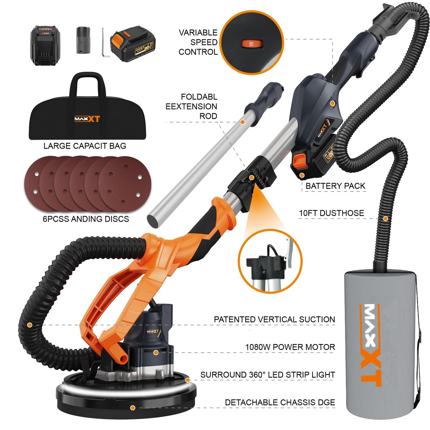 MAXXT Cordlees Drywall Sander with Vacuum Dust Collection, Brushless Electric Wall Sander with 7 Variable Speed Foldable Telescopic, Popcorn Ceiling Removal Tool, 2 Pack 4.0 Ah Battery and Charger