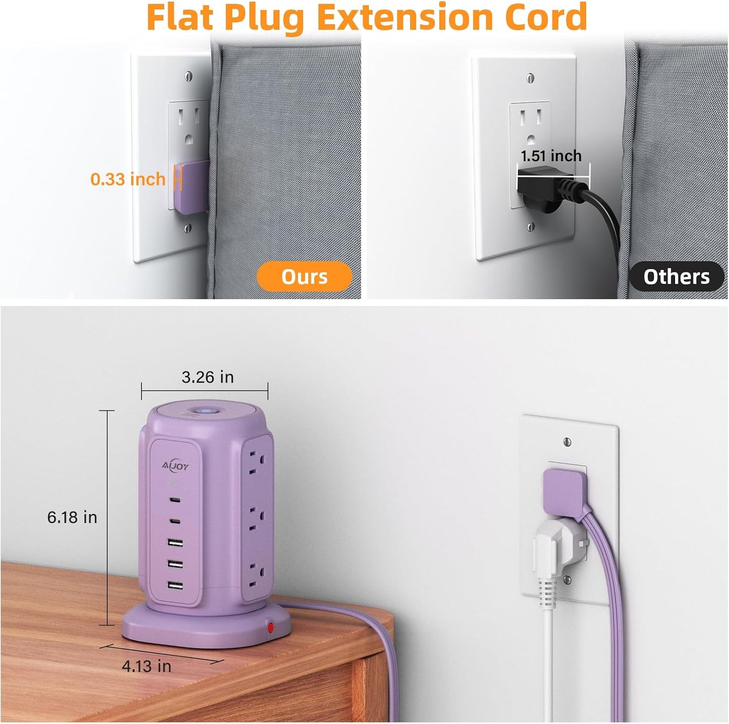 AiJoy 9 5 1200J 1625W USB C Power Strip Tower, AC Outlets and USB Ports Power Tower, Surge Protection, Flat Plug