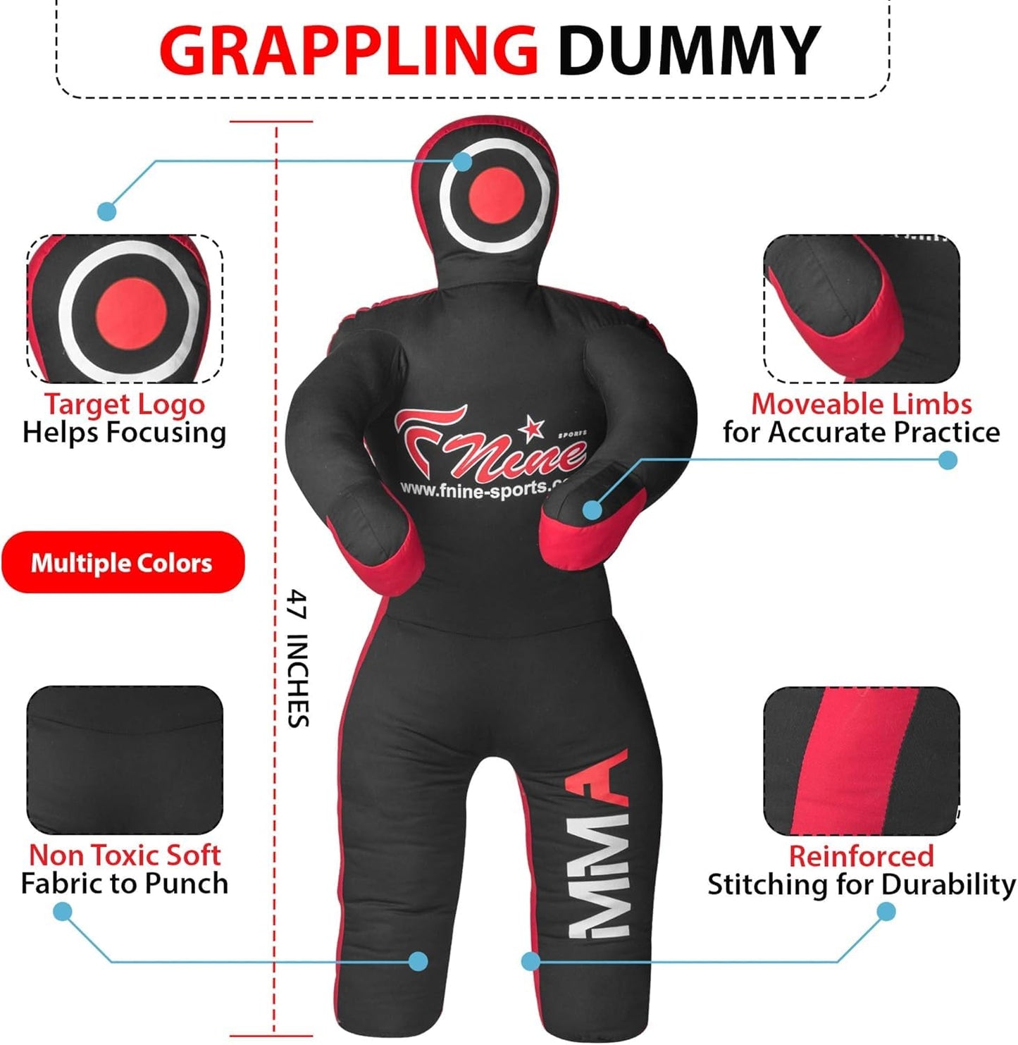 MMA Grappling Dummy, for Judo, Wrestling, Brazilian Jiu Jitsu, Submission and Throwing UNFILLED Canvas Bag (Black Red, 47 Inches (4 feet))