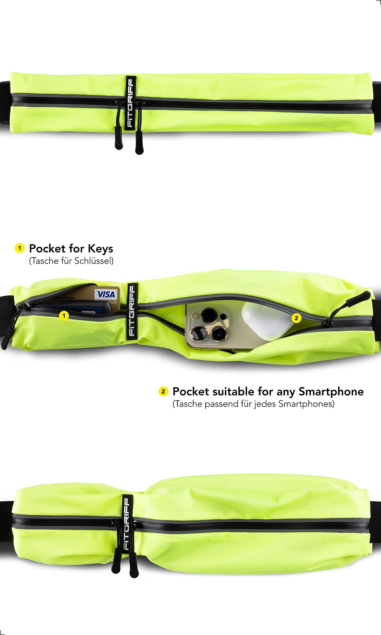 Fitgriff® Running Belt for Men & Women - Secure Jogging Pouch for Phone, Keys & Essentials - For All Cell Phones (Neon Yellow, 24.5" - 35.5" Waist Size)