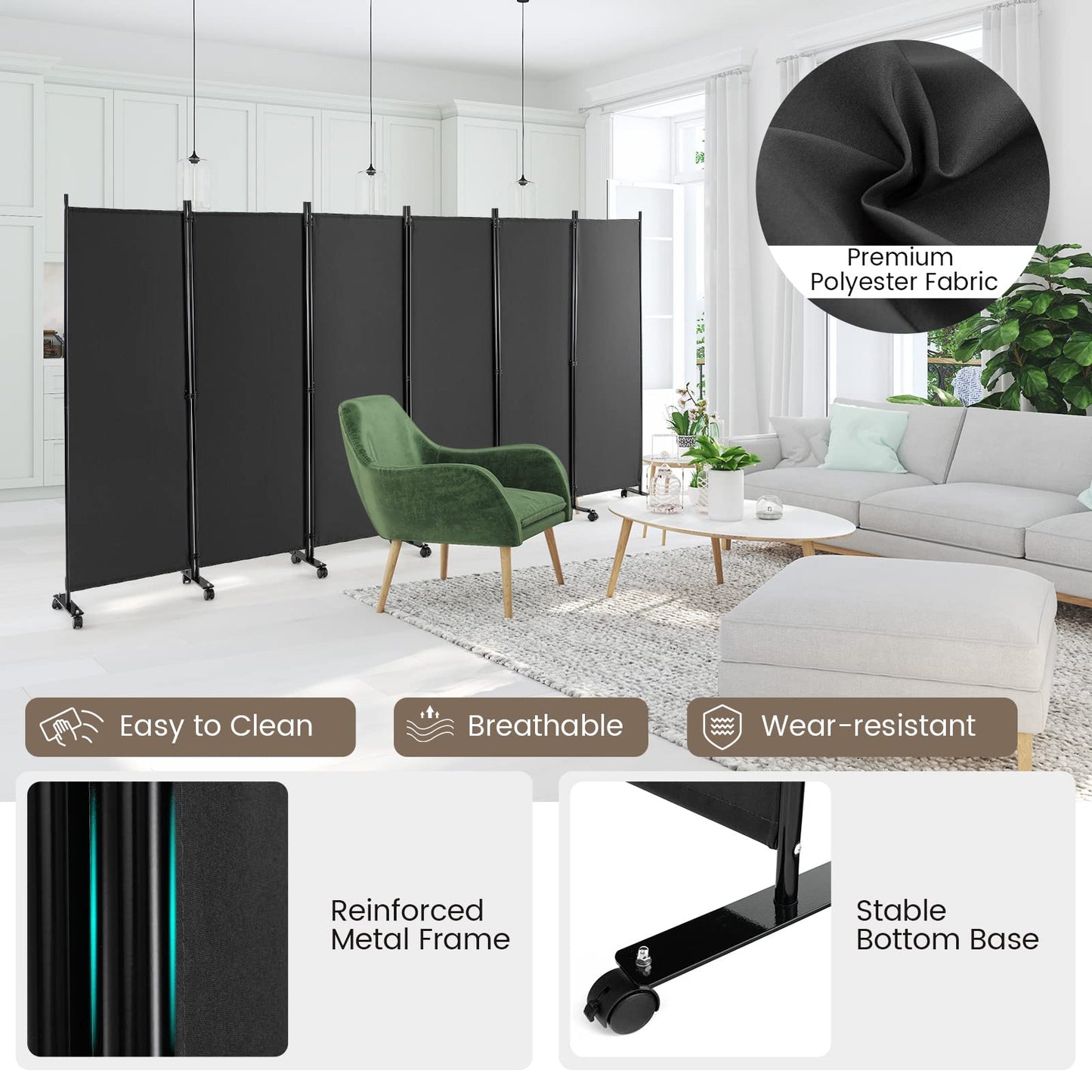 Giantex 5.7Ft 6-Panel Folding Room Divider with Rollers Grey- 132" Wide Large Rolling Foldable Privacy Screen, Lightweight Portable Wall Partition Separation Room Dividers with Wheels