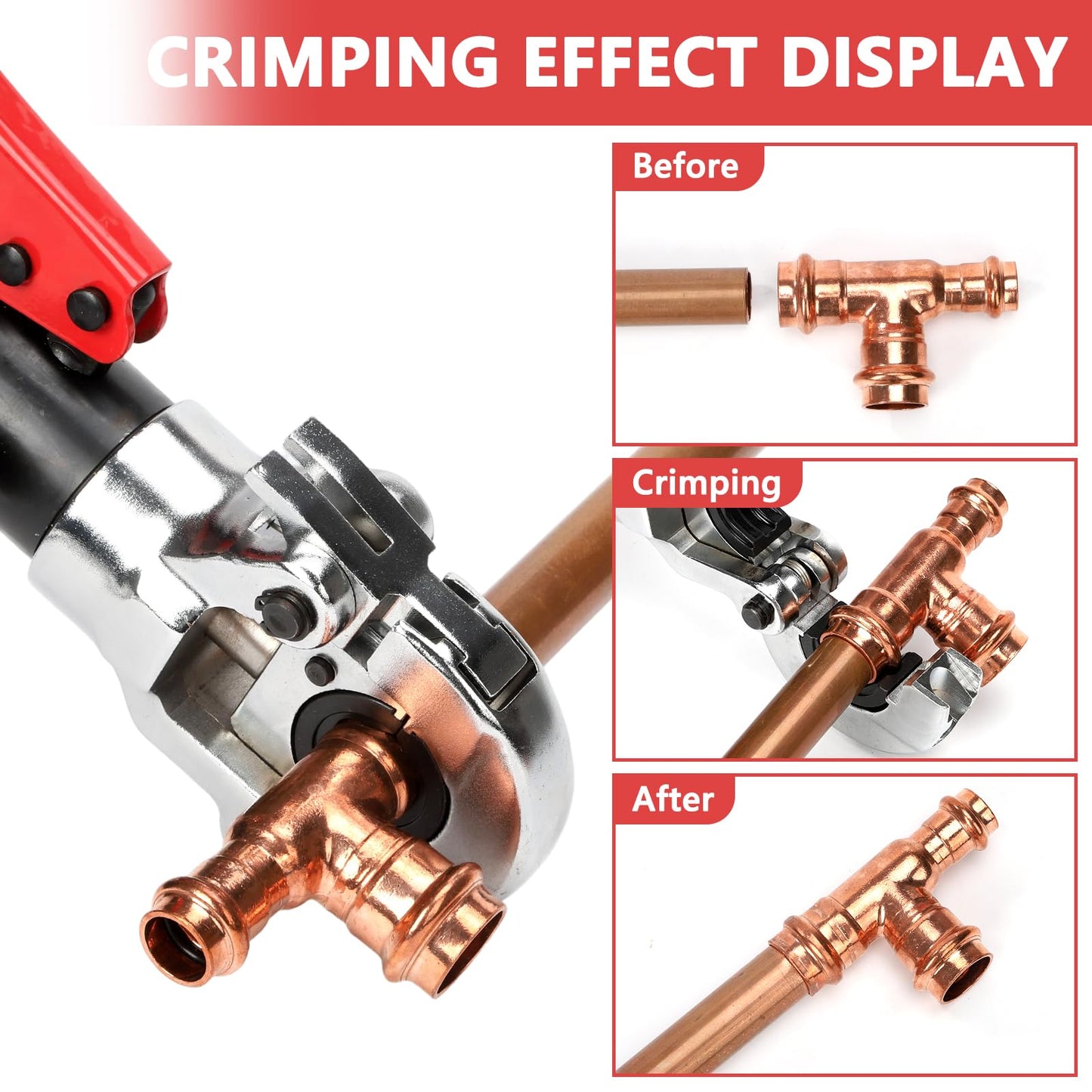 Hydraulic Copper Tube Crimping Tool with 3 Interchangeable Dies (1/2", 3/4", 1") Applicable to Stainless Steel and Copper Pipes, Ideal for Plumbing, HVAC, Refrigeration & Industrial Piping Projects