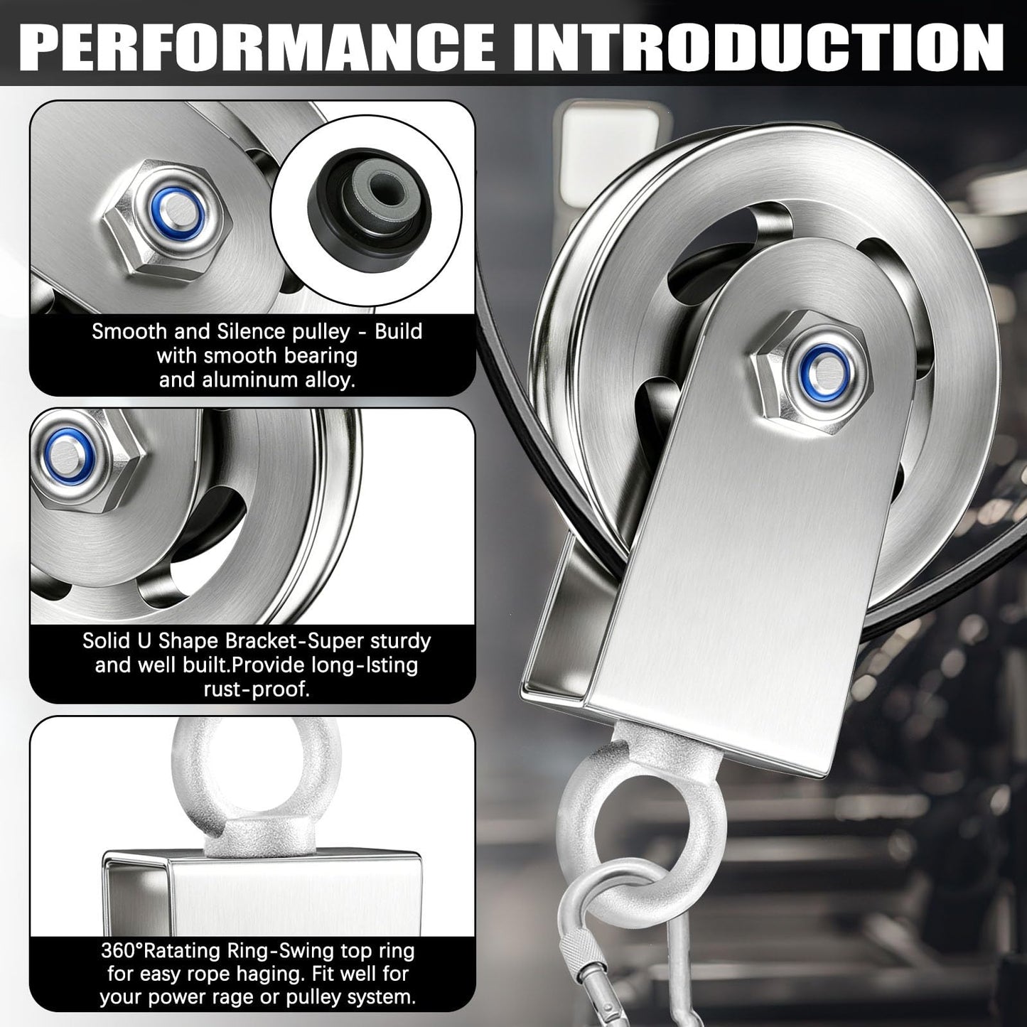 8 Pack Silent Aluminium Alloy Gym Cable Pulley Wheel for Home DIY Gym Pulley System, 304 stainless steel bracket, 3.54 in/90mm Gym Pulley for Max.660LBS Load, Suitable for Lat Pulldown&cable exercises