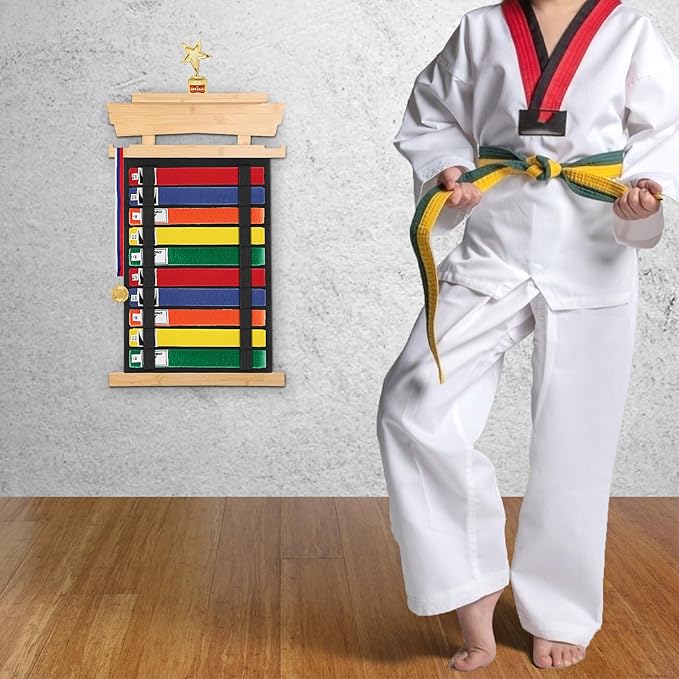 JUXYES Wall Hanging Martial Arts Belts Organizer with Trophy and Medal Display Rack, Bamboo Karate Belt Display Holder Rack, Wall Mounted Taekwondo Belt Display Holder for Martial Arts Learners