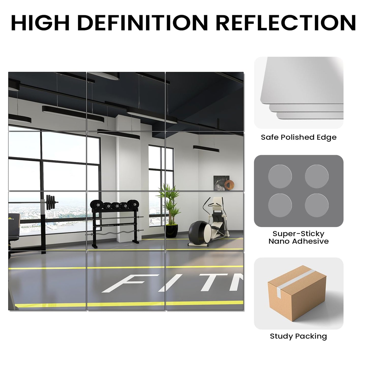 VASUHOME Large Mirror Tiles 16"x12" (12 Pack), Full Length Wall Mirrors for Home Gym, Garage, Bedroom, Living Room, Door – HD Reflection, Easy DIY Installation