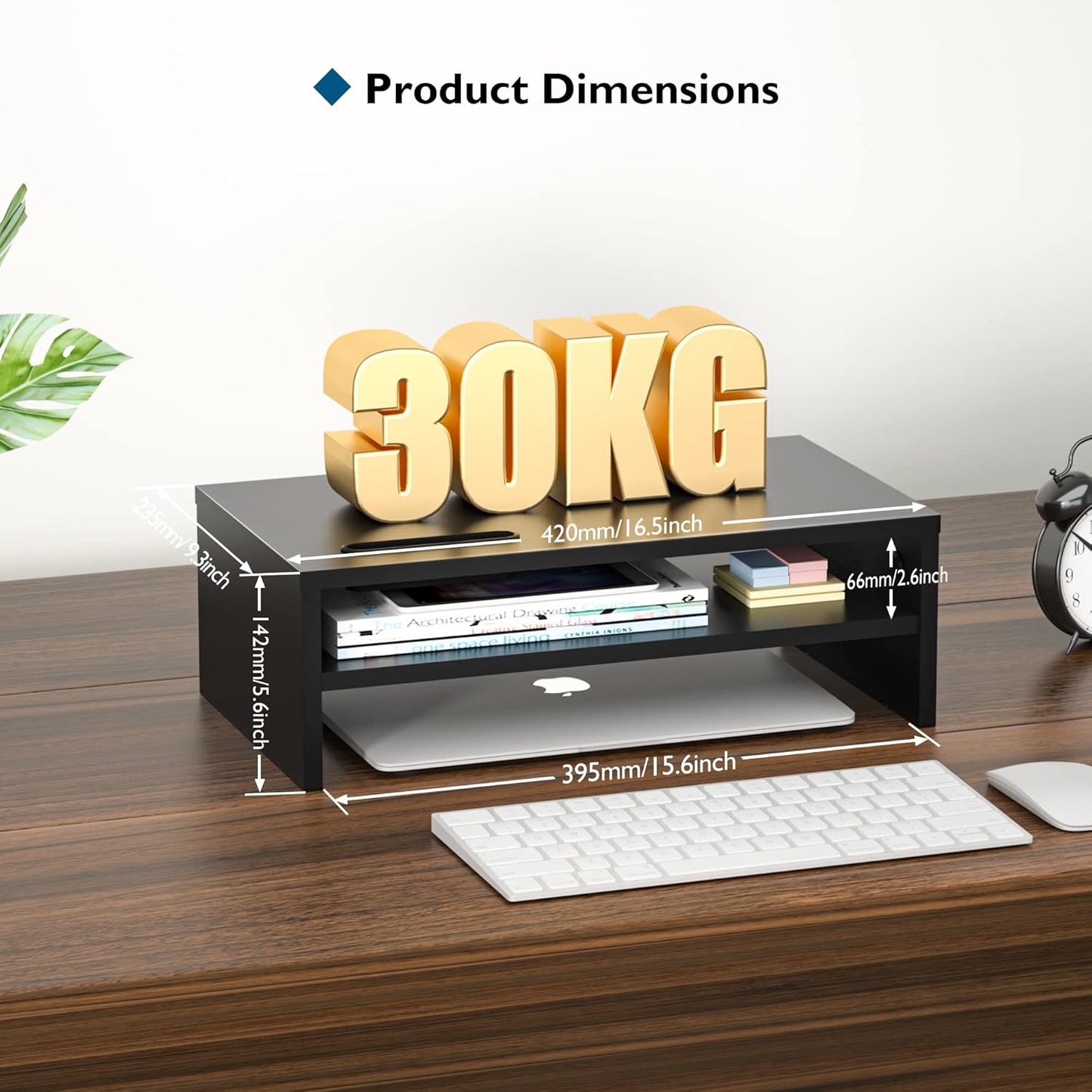 2-Tier 16.5 Inch BONTEC Wooden Monitor Stand Riser, Desk Shelf with Storage Organizer, Ergonomic Computer Stand