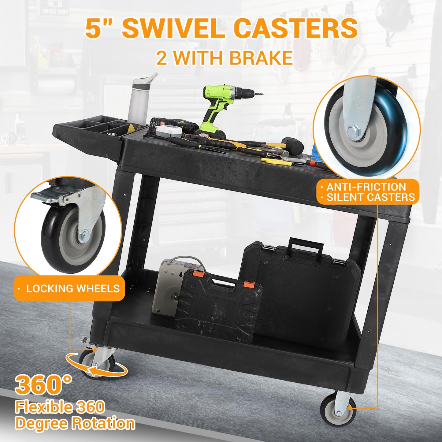 Large Heavy Duty Plastic Utility Service Cart Flat top 45.8 x 25 Inch, Work Cart Flat Shelves Holds up to 550 lbs - 2 Tier Service Cart with 360°Swivel Wheels (2 with Brakes) Black