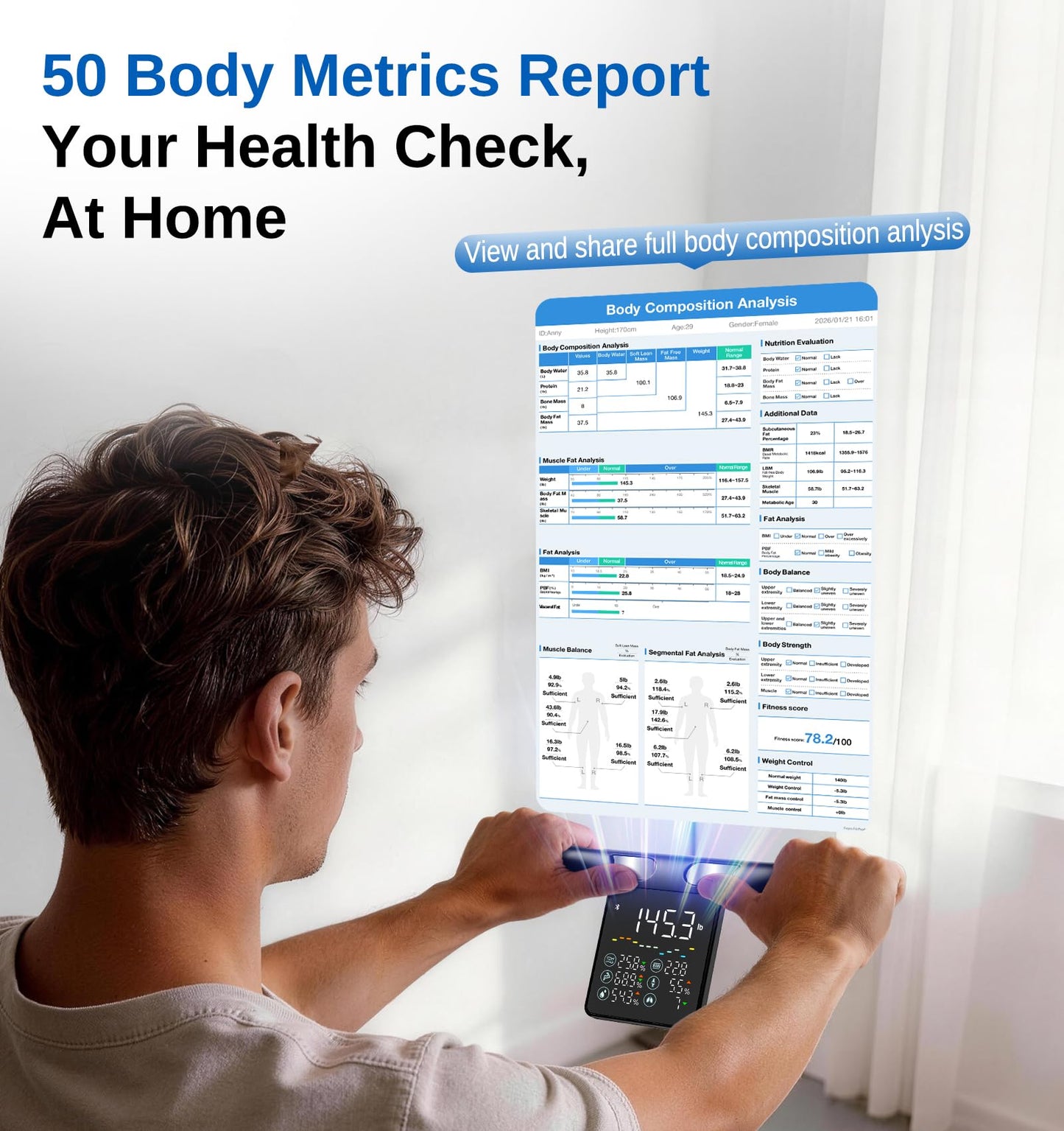 GE Smart Scale for Body Weight: 8-Electrode Body Pod Fat Monitor with Full Body Composition Analysis, Bluetooth App Sync, Large Handle Display, 400lb Capacity Bathroom Scale for Home & Gym, Black