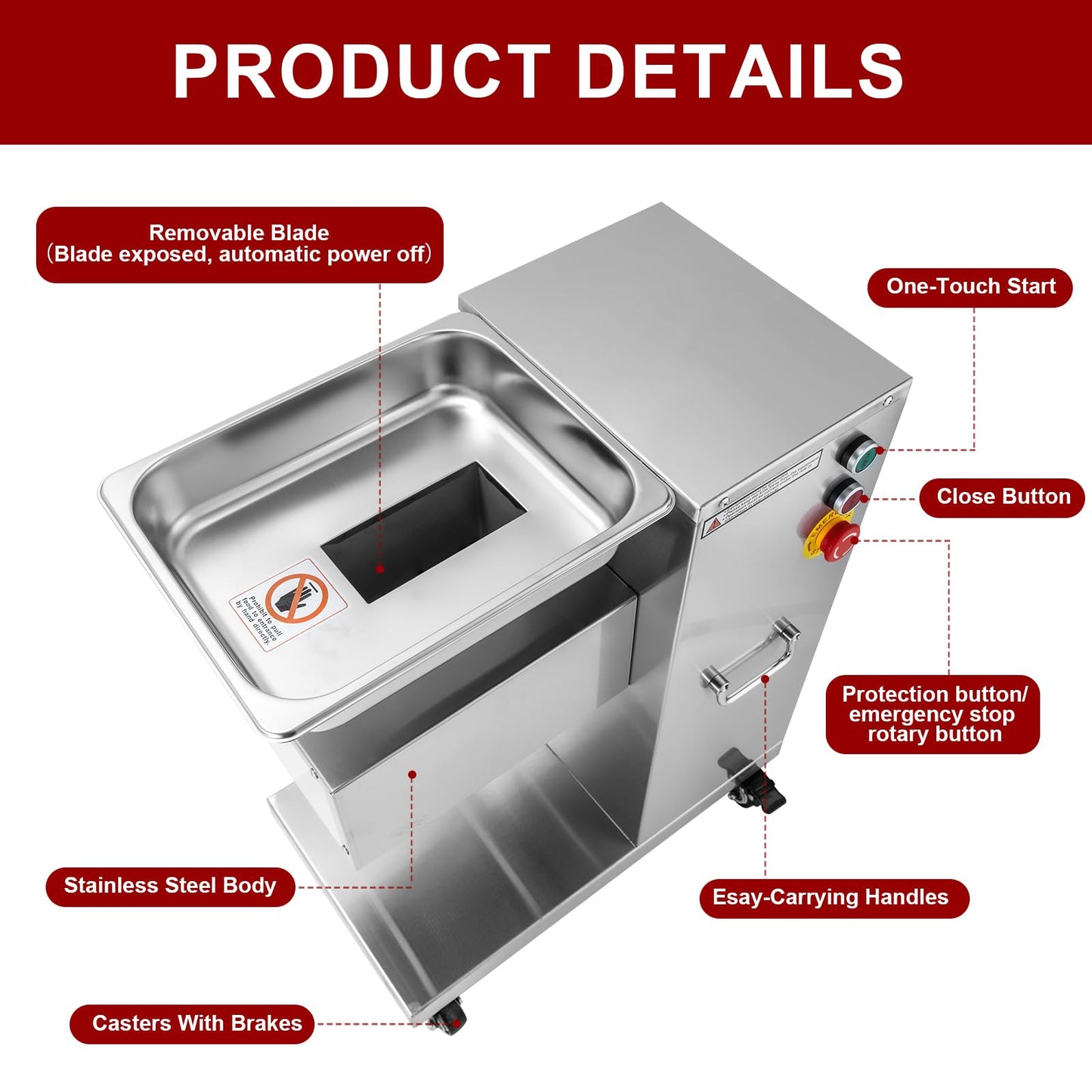 750W Commercial Meat Cutter Machine Stainless Steel Meat Slicer for Slicing, Shredding and Chopping 1100lbs/H (5MM)