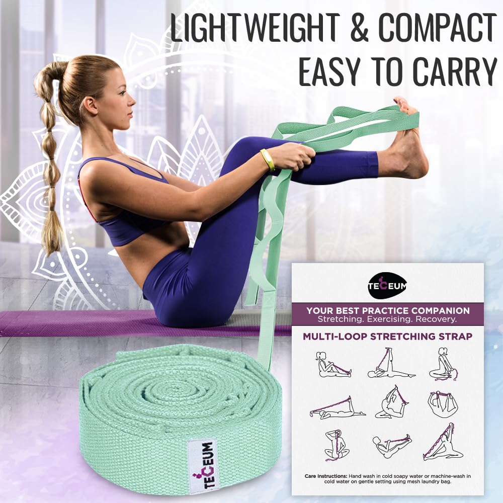 [NEW 2023] TECEUM Yoga Stretching Strap 10 Loops Non-Elastic Strap - Home Workout Stretch Strap for Physical Therapy, Yoga, Pilates plpr 1.5 in LtG