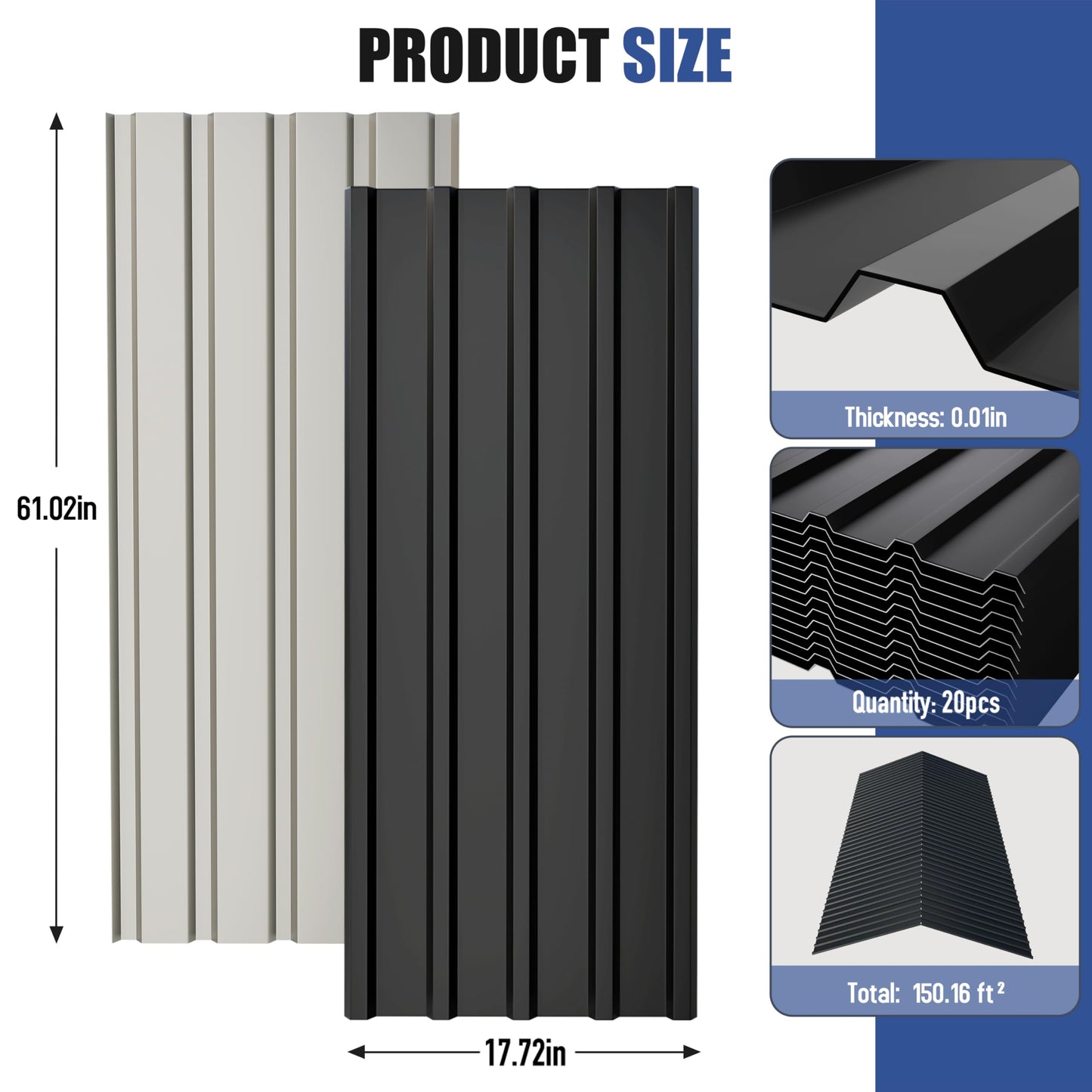 Brakki Metal Roofing Panels 20pcs 150 ft², L61.02"xW17.72" Black Corrugated Galvanized Steel Roof Panels with Screw, Heavy Duty Metal Siding Suitable for Garages Chicken Coop Sheds Stables Patio