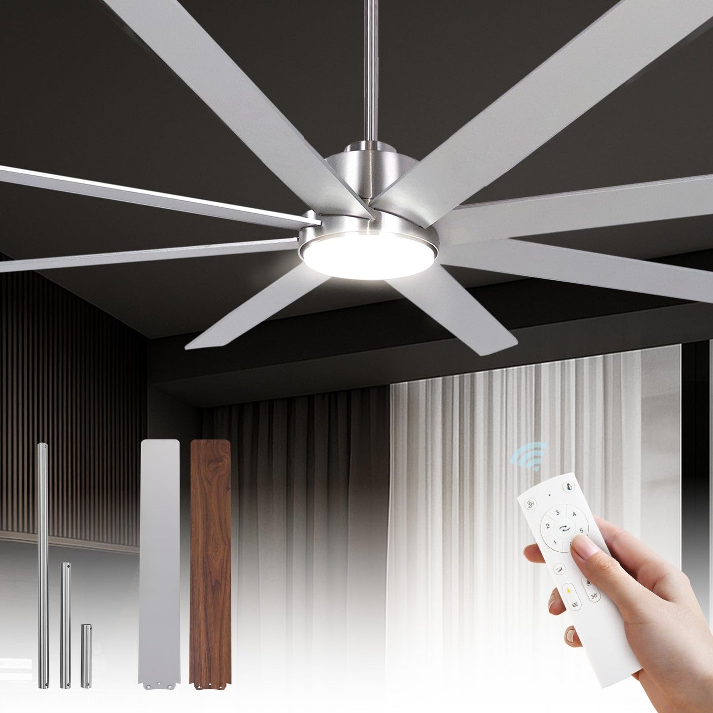 Minislak 72Inch Large Brushed Nickel Ceiling Fans with Light and Remote Control,8 Wooden Blades,6-Speeed,3CCT,Quiet Reversible DC Motor,Indoor Outdoor Ceiling Fan for Patio/Living Room/Garden