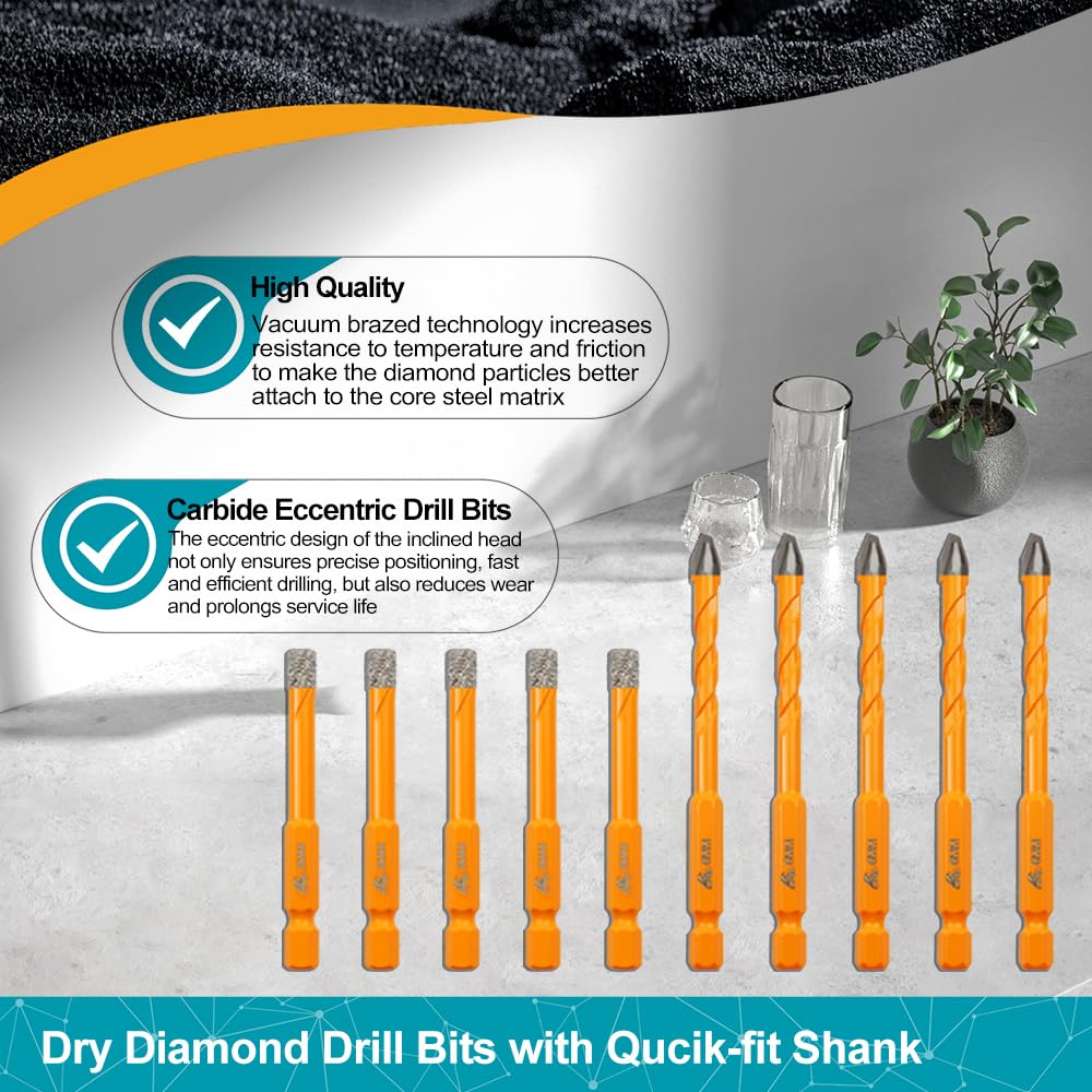 EXFEIN Diamond Tile Hole Saw Kit 13pcs - 6/6/8/19/25/35/50/75/102mm Core Drill Bits and EXFEIN Tile Drill Bits Kit 6mm 5pcs