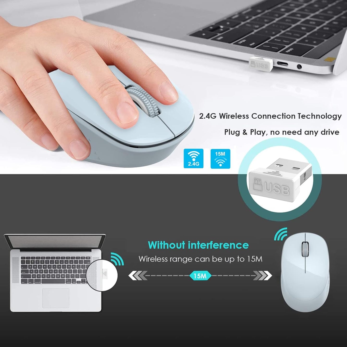 LeadsaiL 2.4GHz 3 1600 Wireless Mouse for Laptop, Silent USB Mouse, Slim Optical Mouse with Buttons, DPI, Works