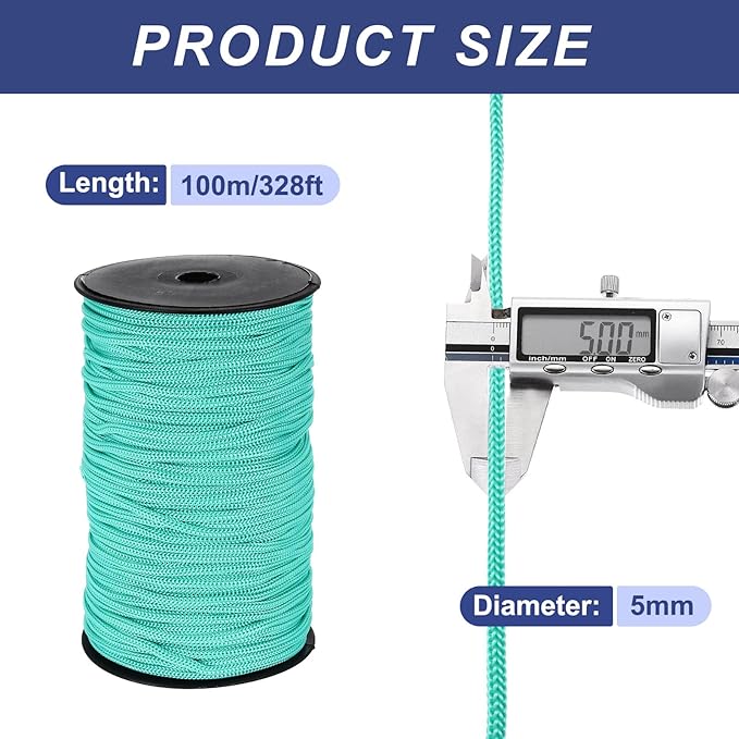 MECCANIXITY 3/16 Inch Polypropylene Rope Braided Ropes, 328ft Nylon Rope Hollow Utility Cord for Clothesline, Camping, Hiking, Outdoor, Teal Blue