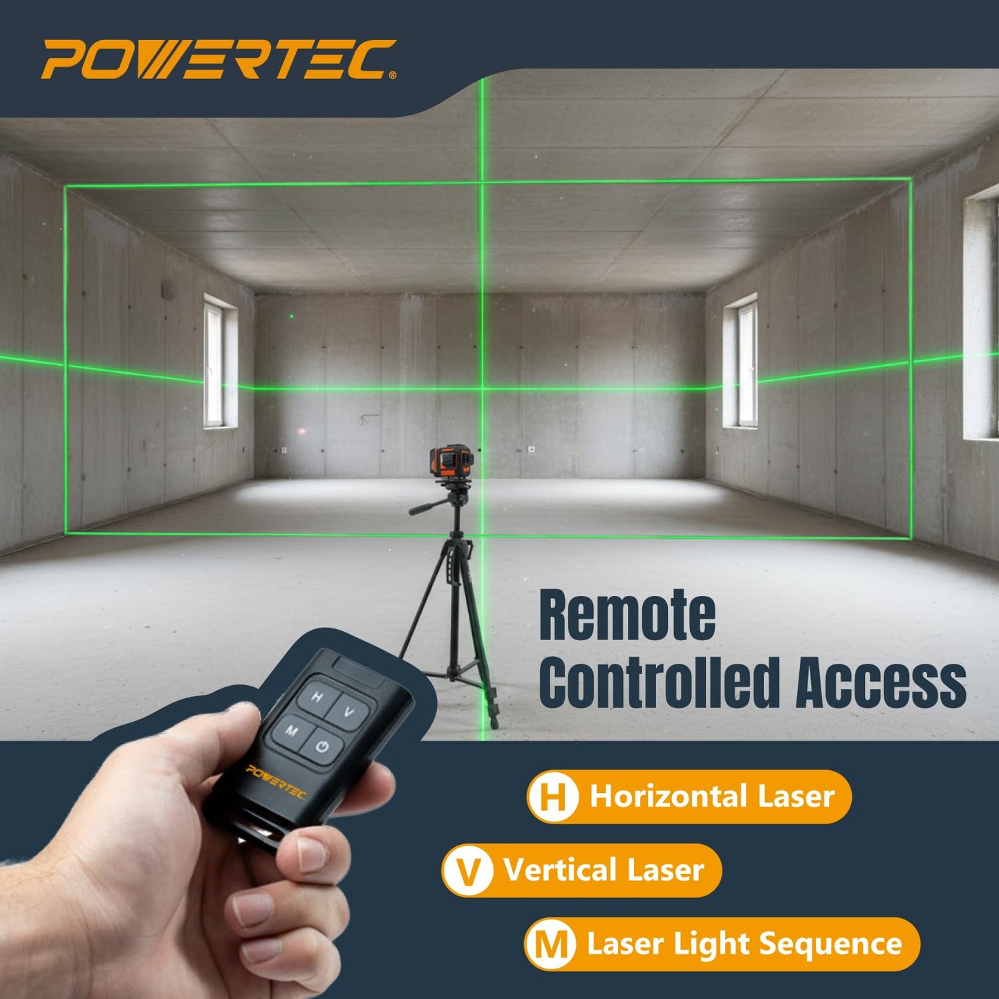 POWERTEC LE3360V 3×360° Laser Level, Self-Leveling with Remote Control & Lift Platform, USB-C Rechargeable – For Construction, Tiling, Framing, Drop Ceilings, Cabinets & DIY Projects