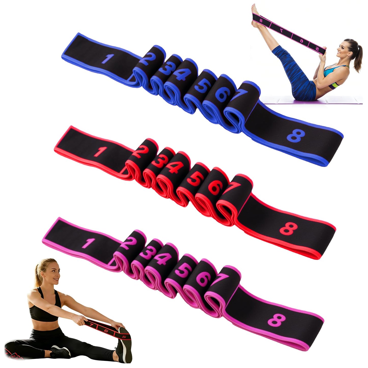 Fitness Resistance Band for Stretching and Yoga,Number Stretch Resistance Band,8-Section Elastic Stretching Strap with Clear Markings For Exercise,Physical Therapy,Full Body Stretching,Pilates-3PCS