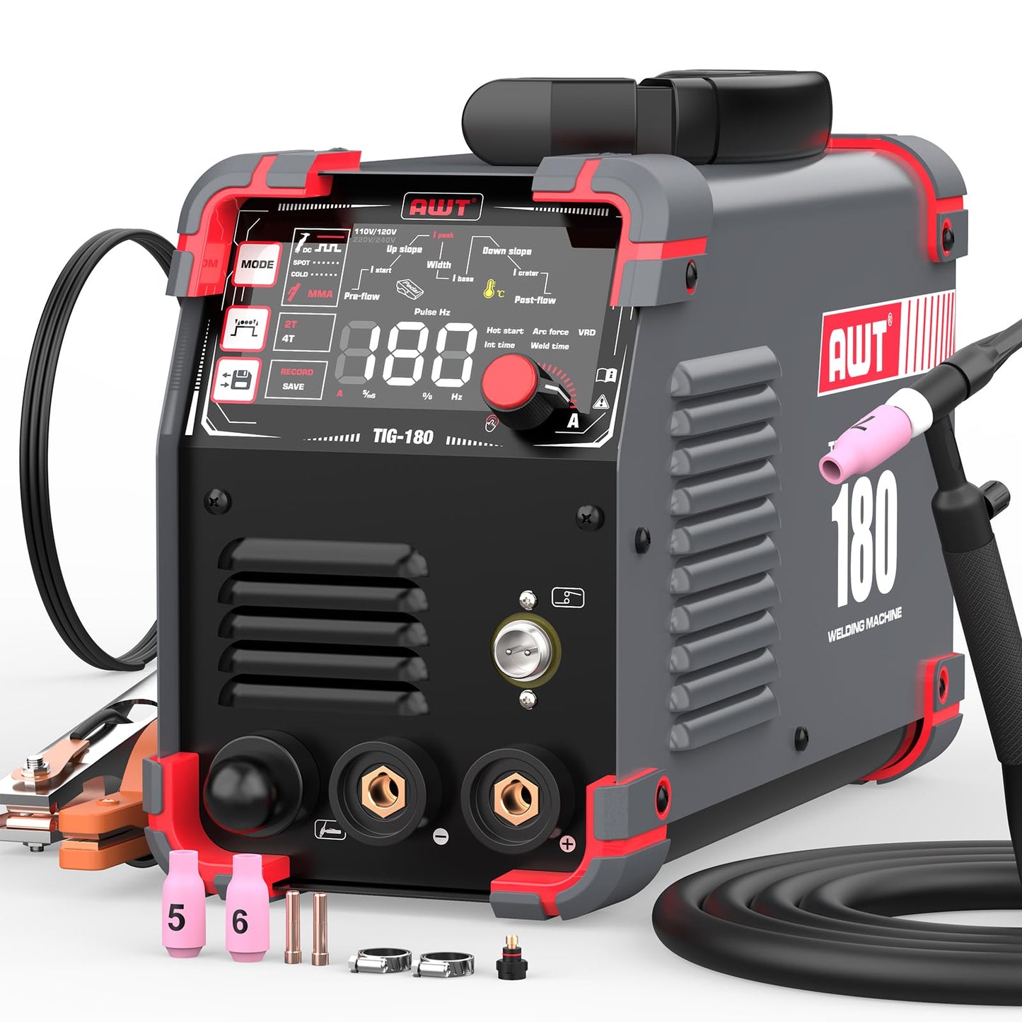 AWT TIG Welder 180Amp with DC Pulse,Cold TIG Welder with Large LED Display 5-in-1 DC HF TIG/PULSE TIG/COLD/SPOT TIG/STICK,110V/220V Dual Voltage Cold TIG Welding Machine