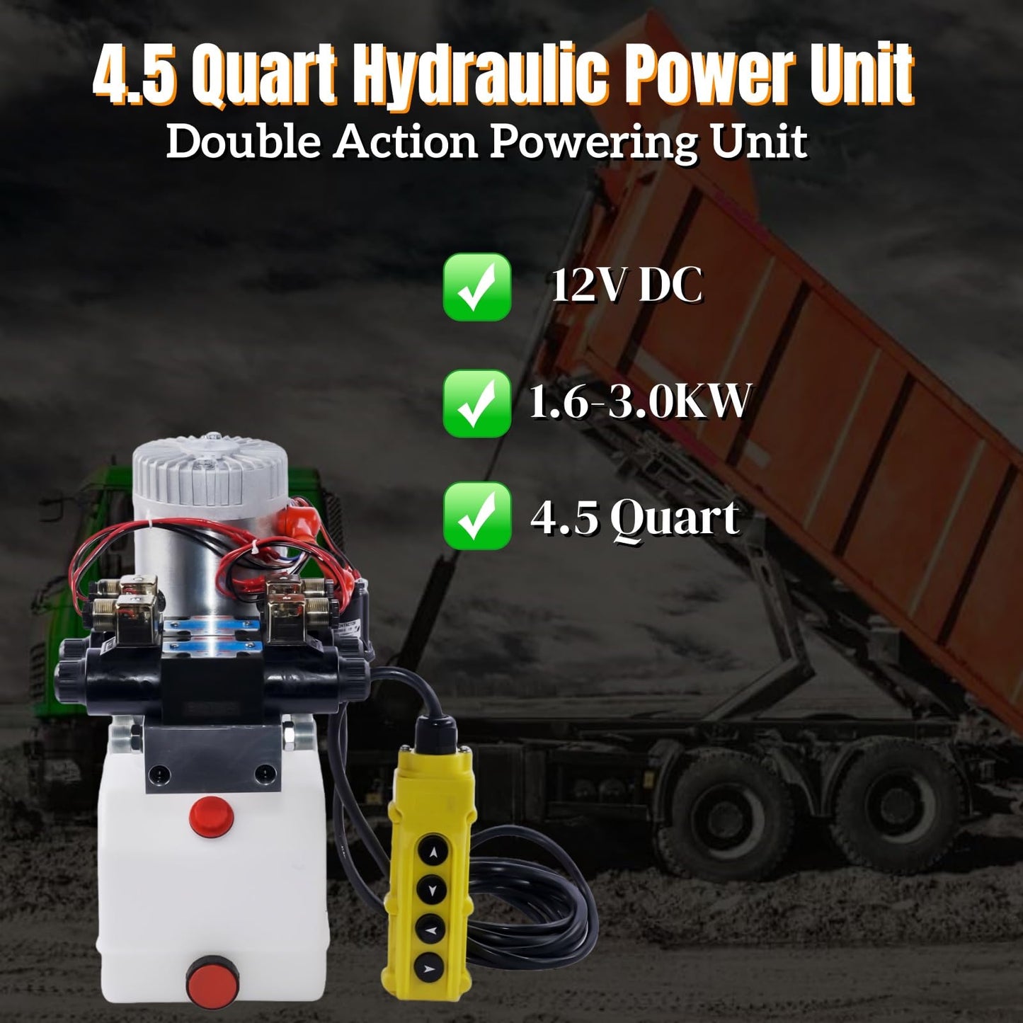 Hydraulic Pump, 4 Way Double Acting Hydraulic Power Unit, 12V DC Double Solenoid Electric Trailer Pump with 4.5 Quart Reservoir for Dump Trailer Car Lifting