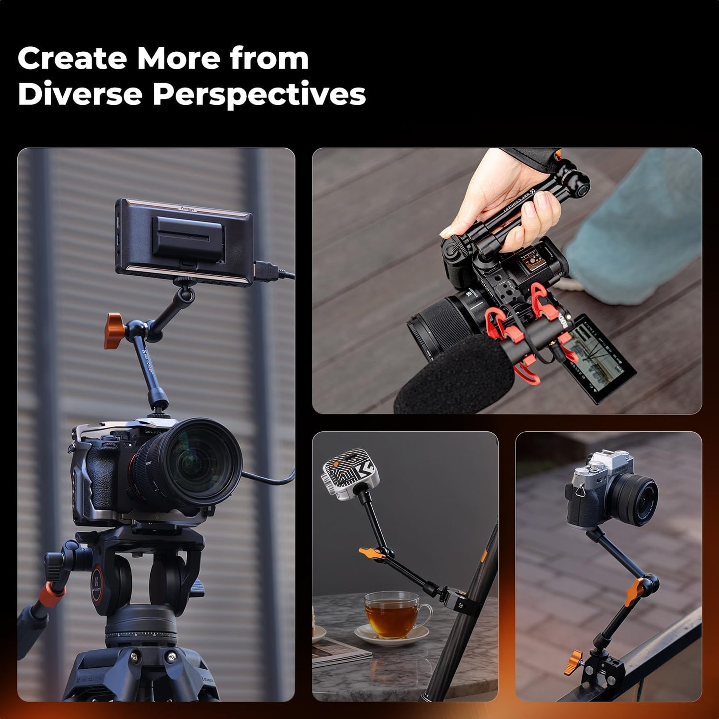 K&F CONCEPT 9.8" 1/4" 3/8" 360 Magic Arm Clamp Kit with & Thread Screw Ball Heads Articulating Magic Arm Camera Mount