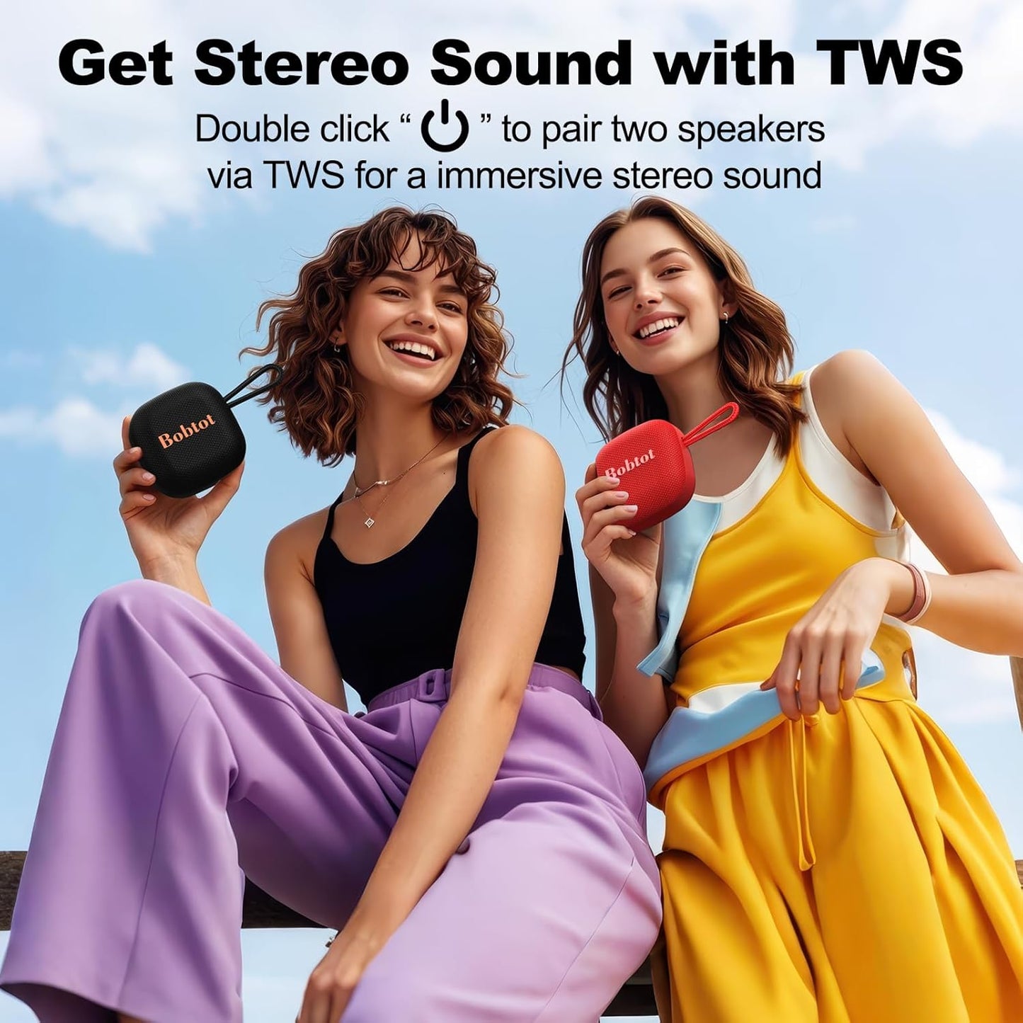 Bobtot IPX7 16H Portable Bluetooth Speakers, Wireless Waterproof Mini Speaker with Playtime, Loud Stereo Sound, TWS