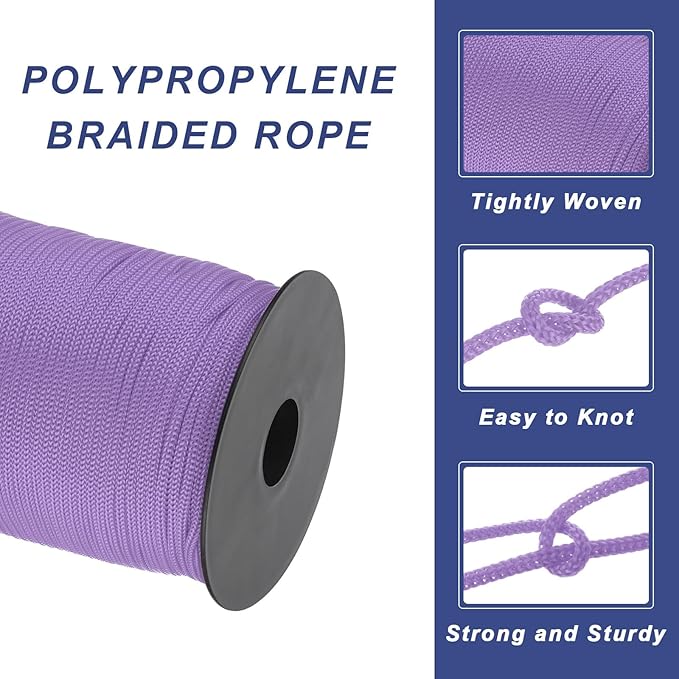 MECCANIXITY 1/8 Inch Polypropylene Rope Braided Ropes, 328ft Nylon Rope Hollow Utility Cord for Clothesline, Camping, Hiking, Outdoor, Light Purple