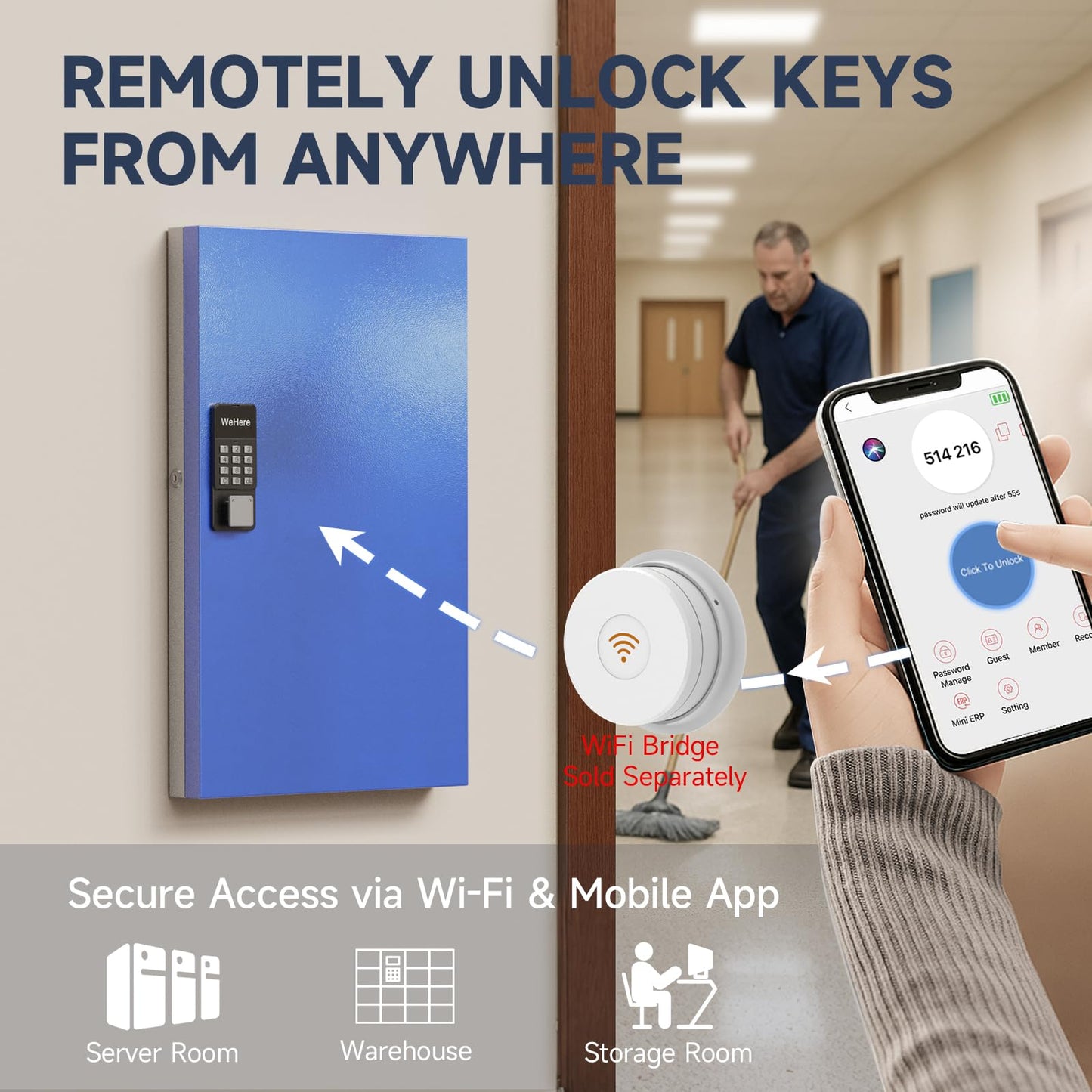 WeHere 96 Key Lock Box, Smart Key Cabinet with Key Management System, App, Bluetooth, Dynamic/Static Password, WiFi Unlock(Sold Separately), Wall-Mount Commercial Key Storage Box for Office, School