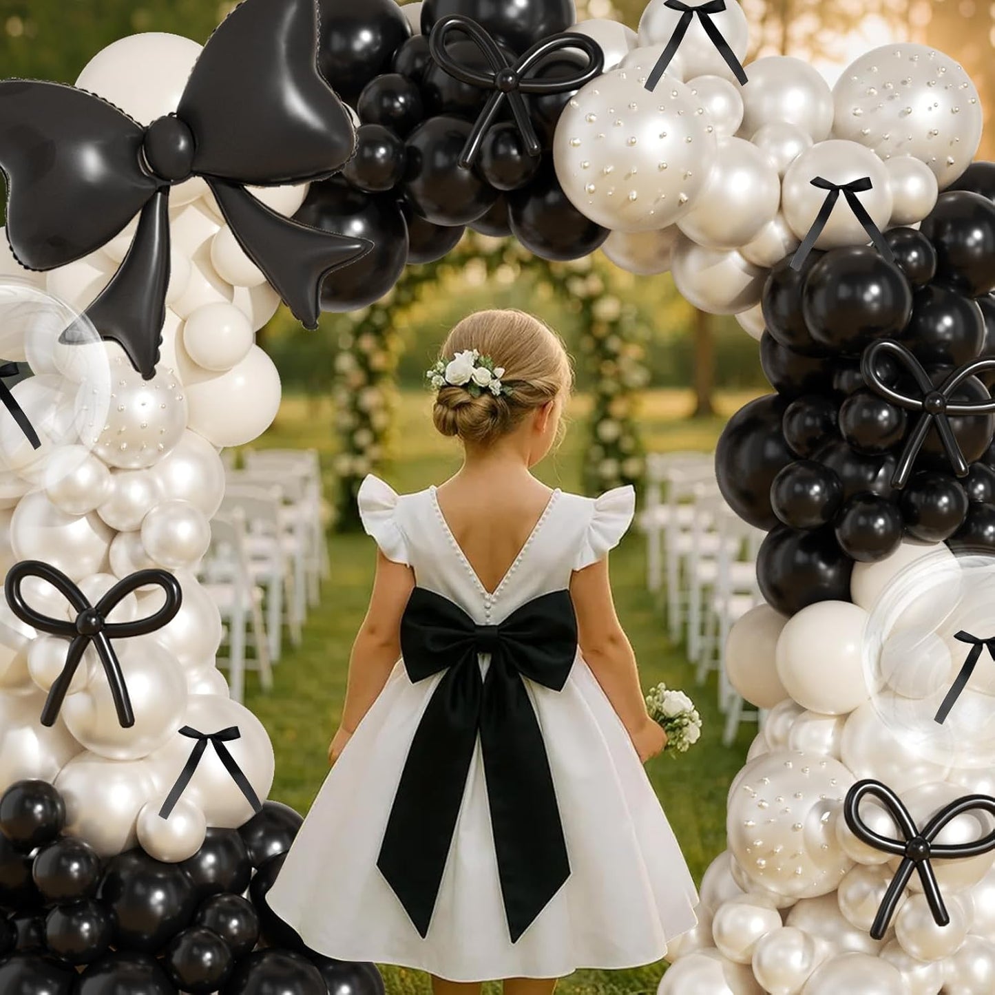 Skiennix Black Bow Birthday Decorations - 187Pcs Balloon Arch Kit with Pearl Balloons & Ribbons