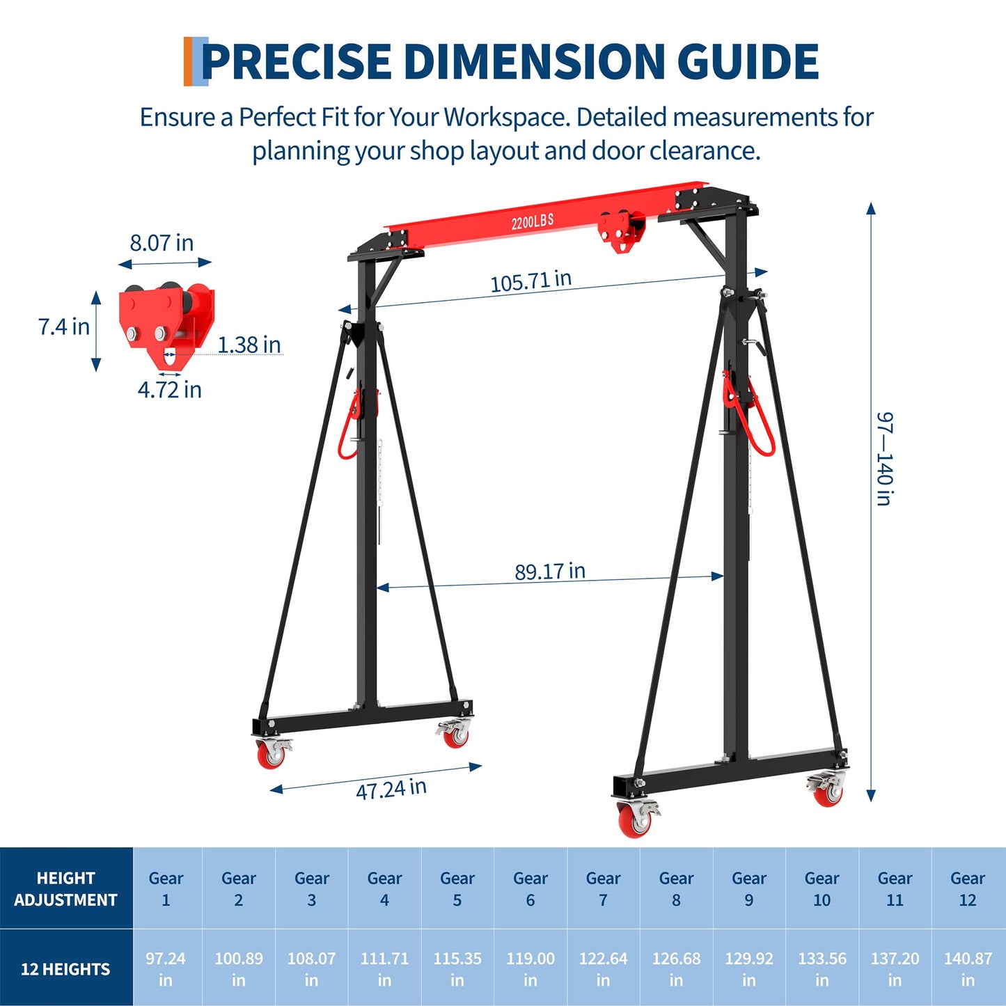 Adjustable Gantry Crane with Manual Trolley, Hook and Sling Strap, 1 Ton 2200 LBS Capacity, Portable Gantry Crane Height Adjustable 97" to 141" with 12 Positions, for Factories, Warehouses