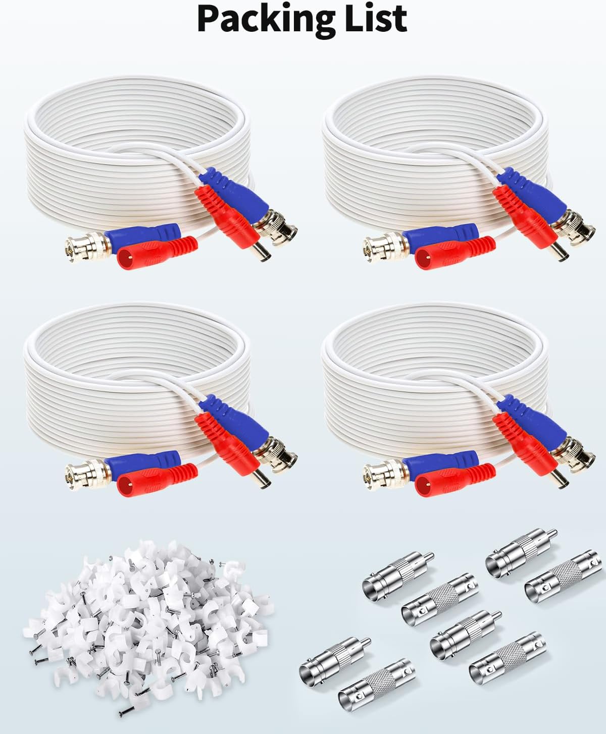 2-in-1 4-Pack 100FT Video Power Cable White Extension Wire with BNC Connectors and RCA Adapter for Outdoor Security