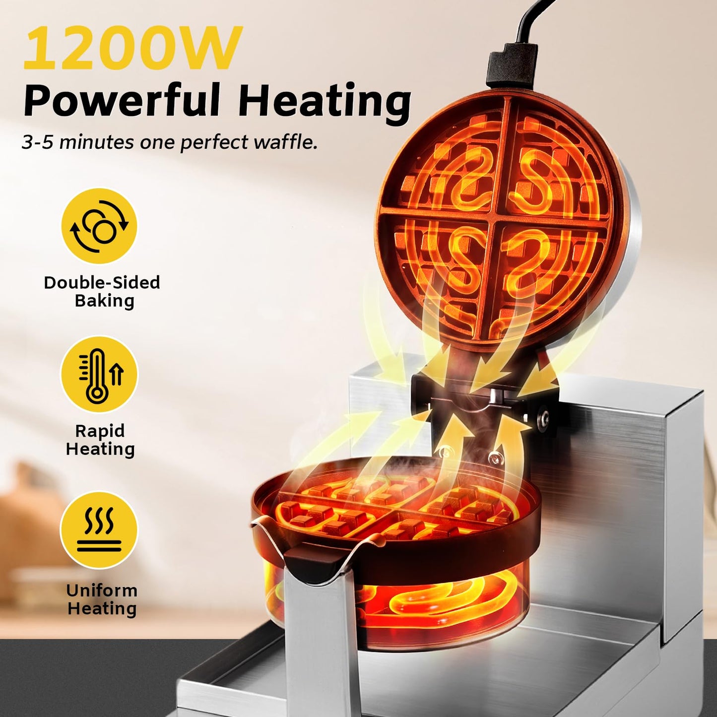 Dyna-Living Commercial Waffle Maker Belgian Waffle Iron for Restaurant, 1200W Flip Professional Waffle Maker Non-Stick Electric Restaurant Waffles Machine for Bakery Snack, 122℉-572℉ Temp Adjustable