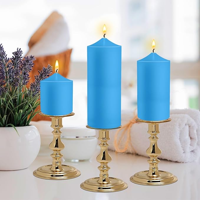 Pillar Candles 3 x 4, 6, and 8 inches, Large Handmade Candles Set of 3, Blue Decorative Candles for Wedding, Home Decoration, Dinner, Church