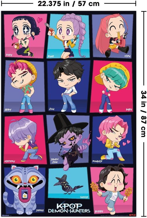 Netflix KPop Demon Hunters Wall Poster - Chibi Grid Design, 34L x 22.4W, Unframed