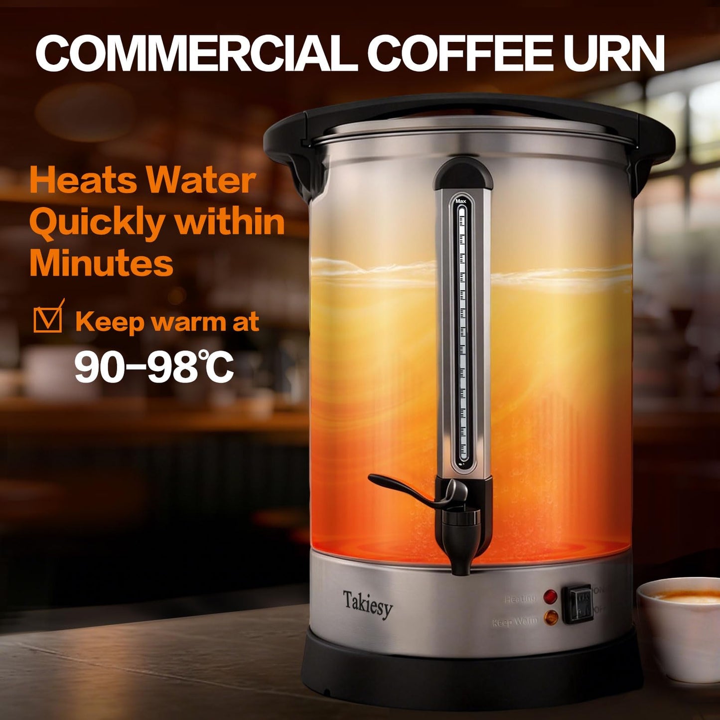 Takiesy Commerical Coffee Maker Urn 120 Cup Coffee Dispenser with Upgraded Percolator, Stainless Steel Fast Brew and Stay Hot Mode Beverage Dispenser Large Coffee Maker for Catering Party