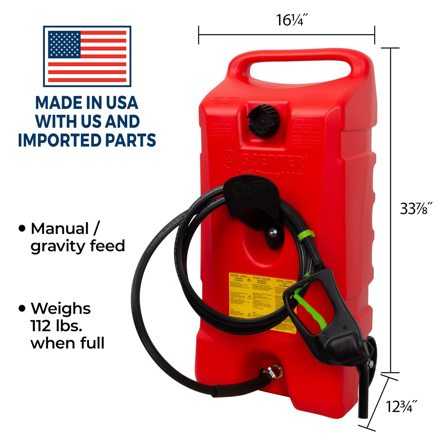 Scepter Duramax Flo ’N Go 14 Gallon Gas Caddy, 53 Liter Portable Fuel Tank and Fuel Transfer Pump with 10-Foot Hose for Lawn Mower, Farm, Marine, Commercial, and Home Use, Red