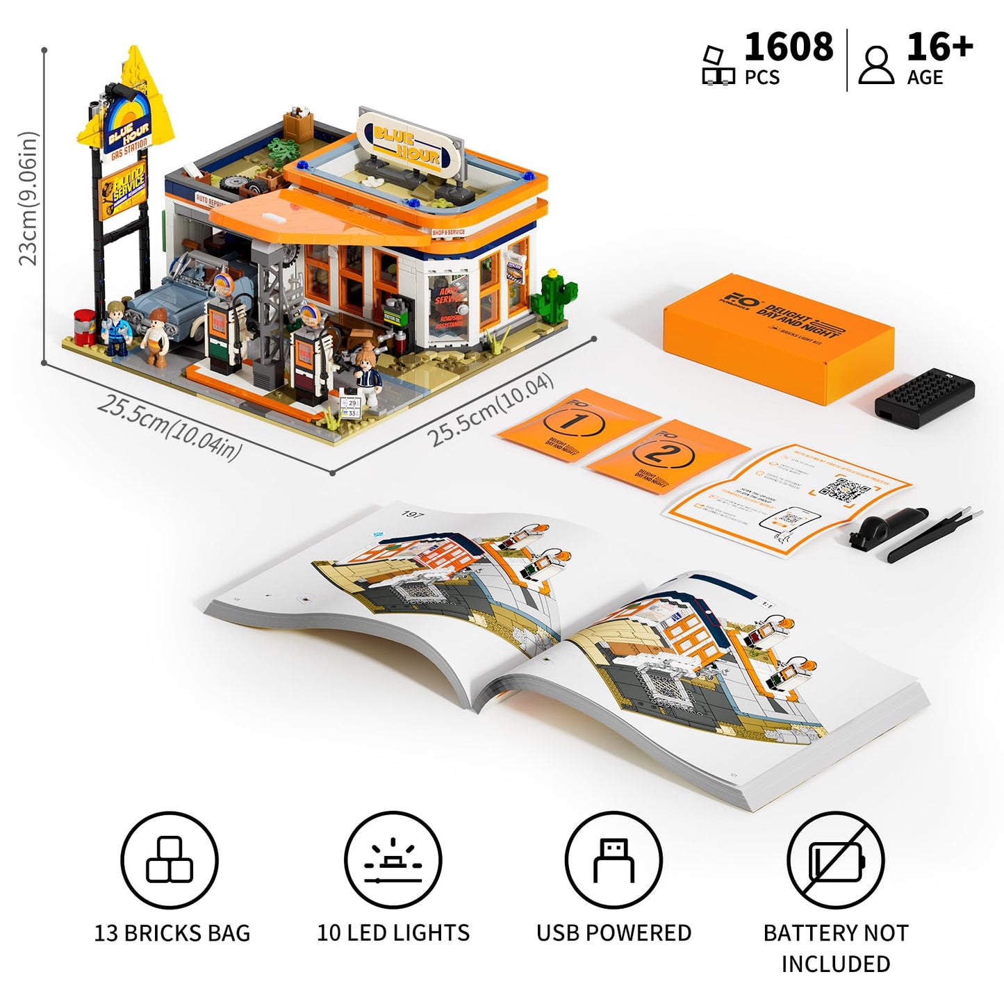 FUNWHOLE City Gas-Station Lighting-Building-Bricks Set - Road Trip Modular Car Service Station Collection LED Light Building Set 1608 Pcs for Adults, Teen and Travelling Enthusiasts
