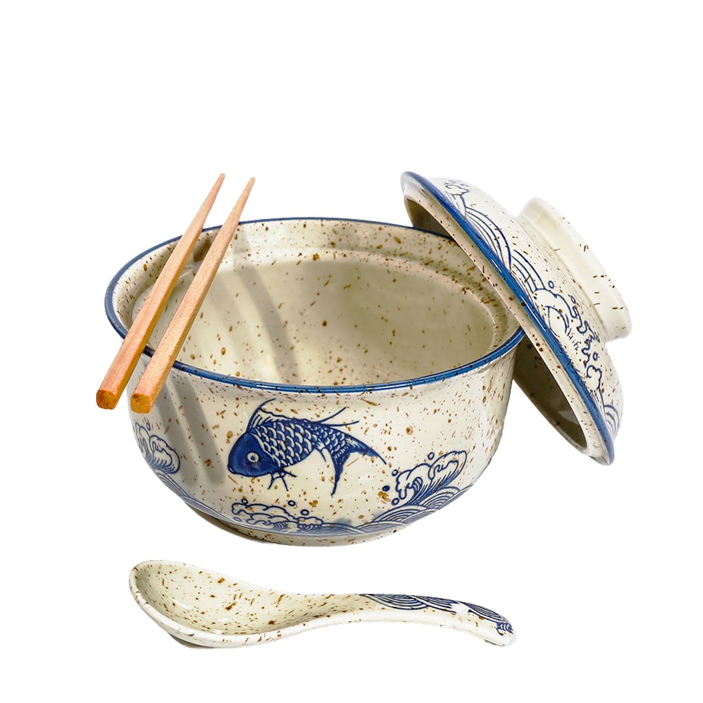 Ceraozmus Ceramic Ramen Bowl Set, 800ml, with Lid, Spoon and Chopsticks, Japanese Vintage Large Soup Bowls Instant Noodle Bowl Asian Tableware (Fish*1)
