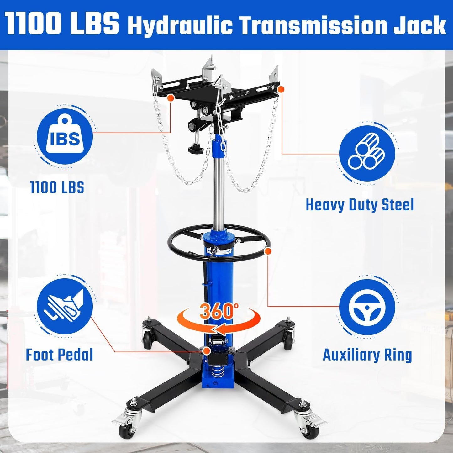 Transmission Jack, 1100 LBS Heavy Duty Hydraulic Telescoping Transmission Jack, 34"-68" High Lift with Foot Pedal, 360° Swivel Wheels, Blue