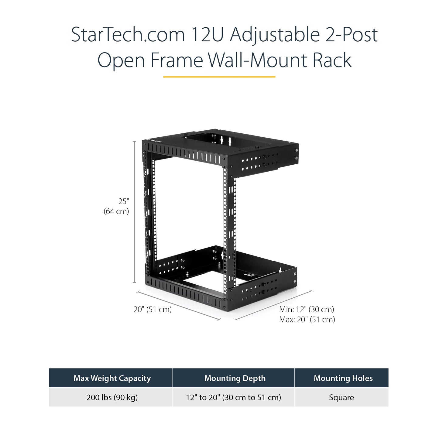 StarTech.com 2-Post 12U Heavy-Duty Wall Mount Network Rack, 19" Open Frame Server Rack with Adjustable Depth, Wall Mount Data Rack for IT / AV / Patch Panel / Computer Equipment (RK12WALLOA)