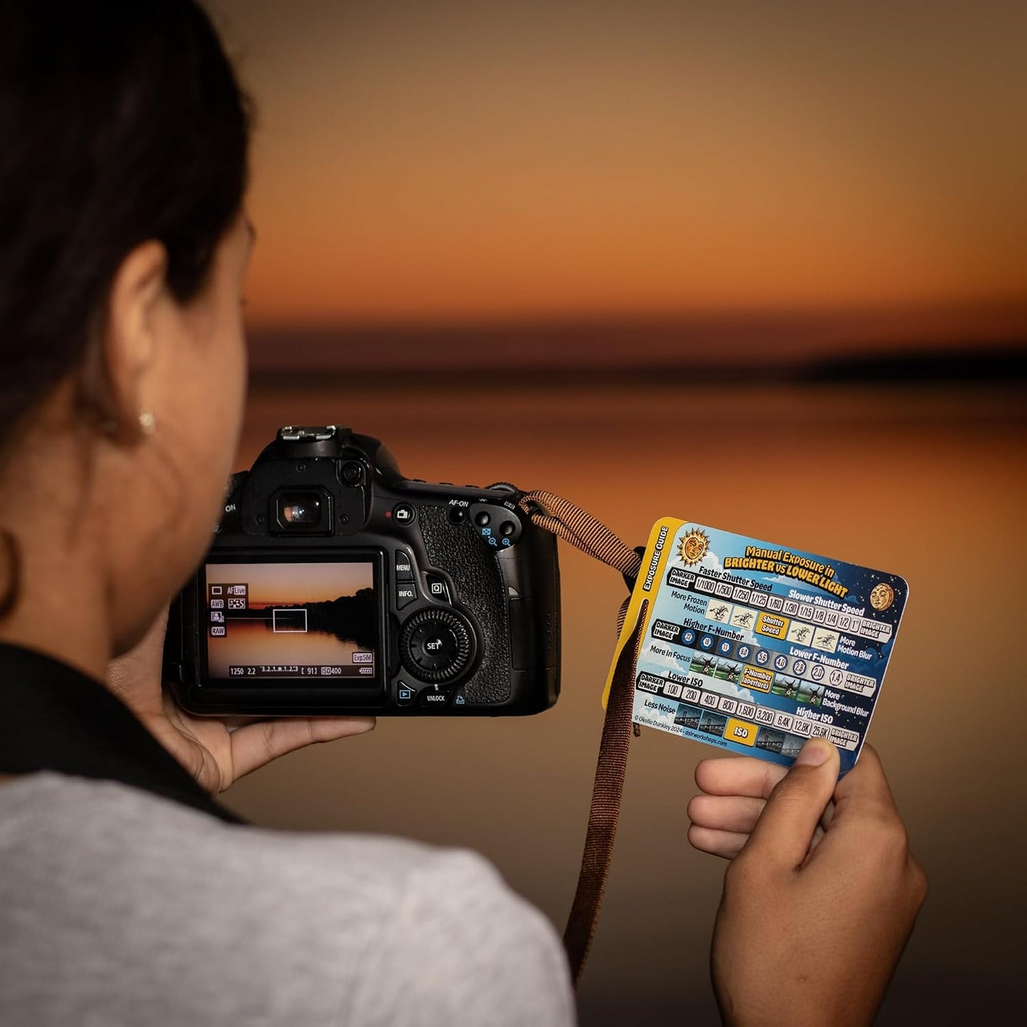 DSLR Workshops Manual Mode Photo Class on a Card & Exposure Guide - Manual Mode Cheat Sheet for Learning ISO, Aperture