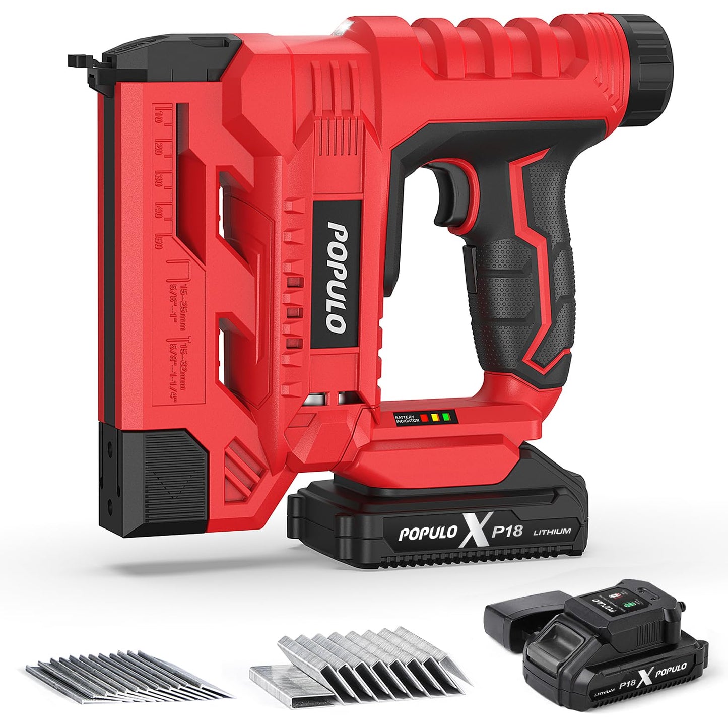 POPULO 20V Nail Gun Battery Powered, 18 Gauge 2-In-1 Cordless Brad Nailer Stapler Includes a 2.0Ah Battery, Charger, 1600 Staples and Nails, Electric Staple Gun for Carpentry and Upholstery