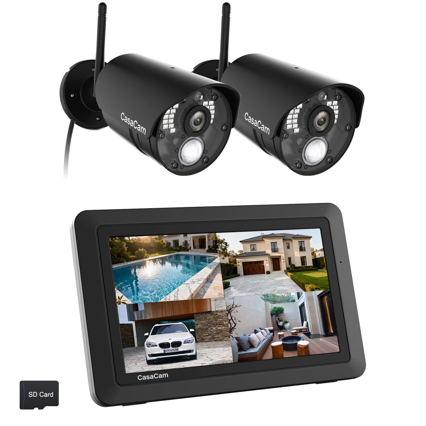 CasaCam Wireless Security Camera System Air | 7" Touchscreen Monitor and 2 720p Cameras | AC Powered, No Monthly Fees, Two-Way Audio, Free APP, Micro SD Card and Battery Installed, Model VS802
