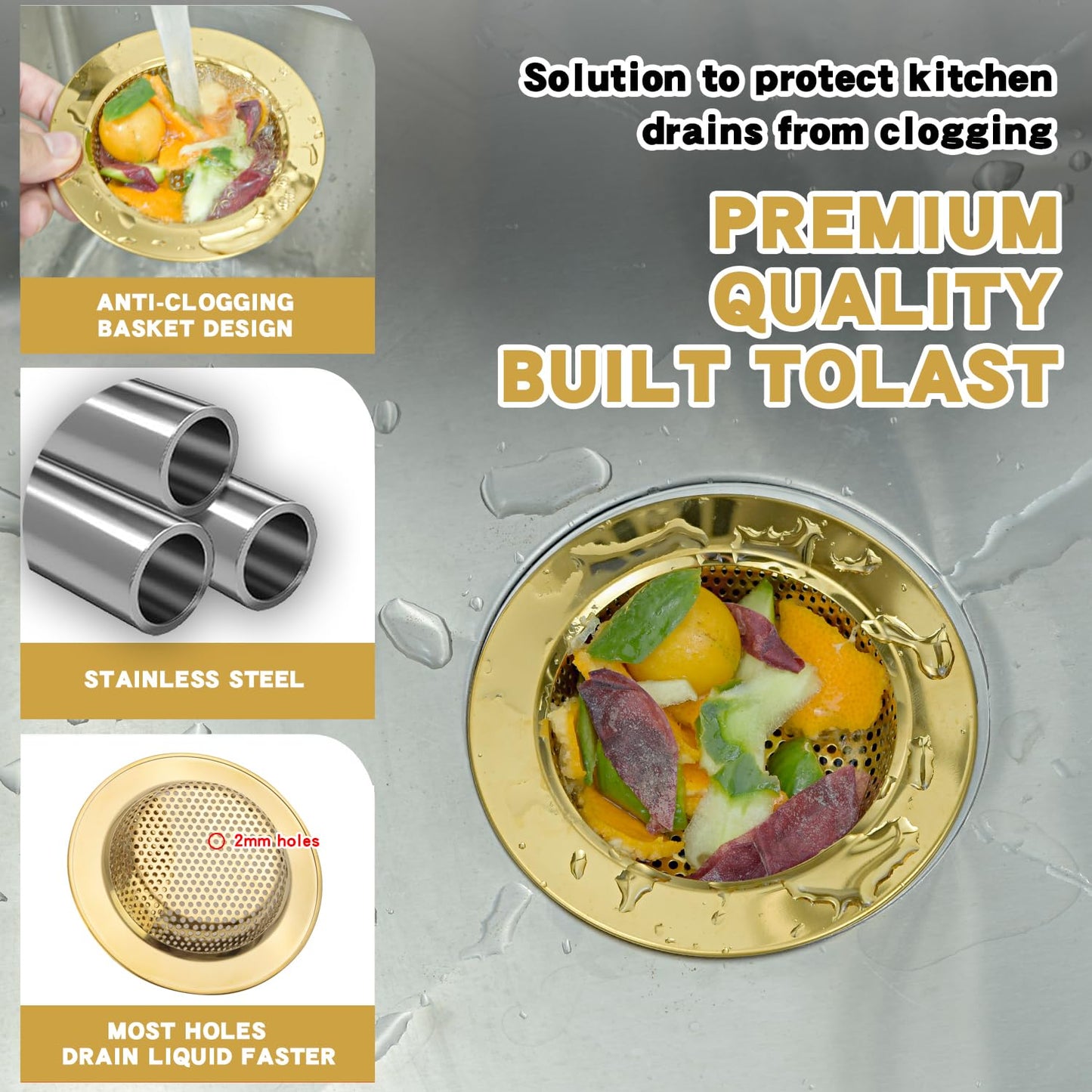 RQYEKDO 3-Pack Kitchen Sink Drain Strainer Stopper Set, Universal Anti-Clogging Stainless Steel Garbage Disposal Plug with Handle, Perforated Basket Filter Sieve for Standard 3.5" Drains (Gold)