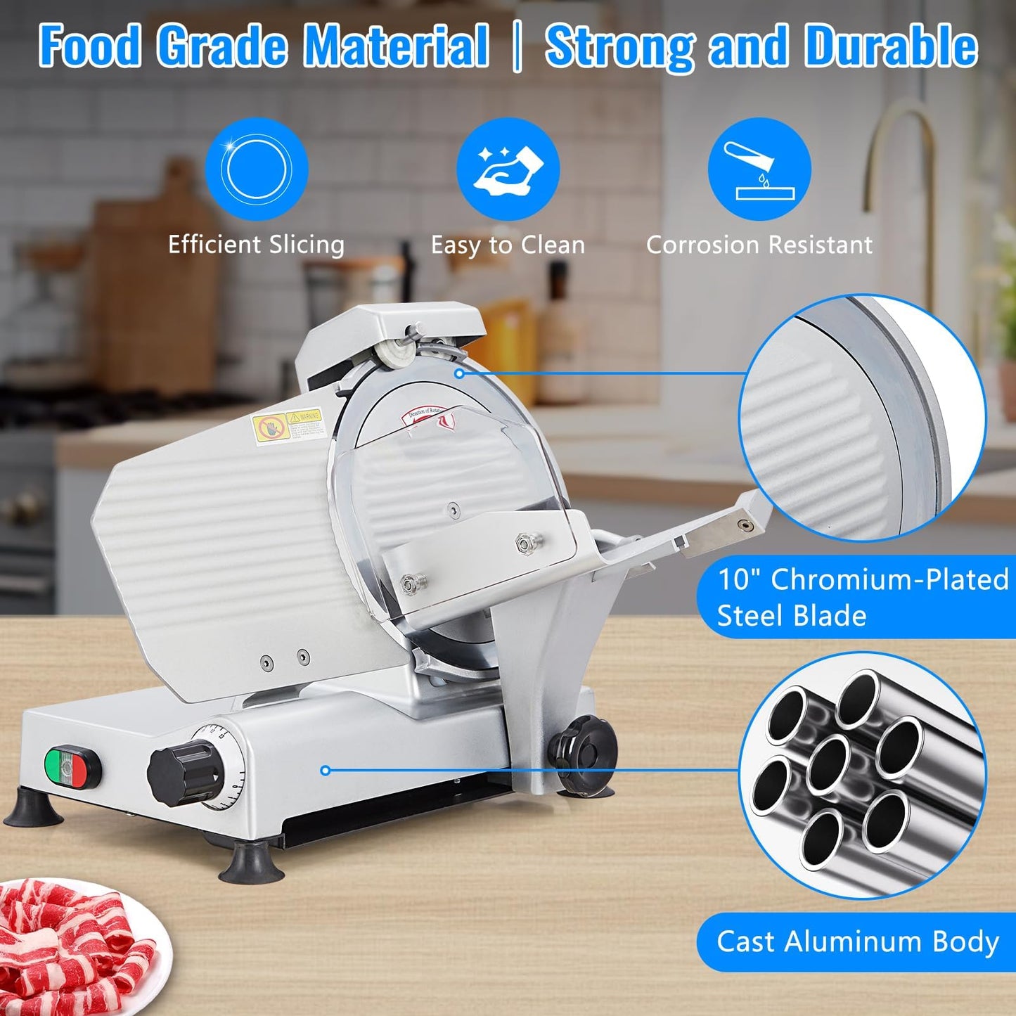 Powerful 550W Dual Motor Meat Slicer Machine for Home & Commercial Use, 10" Alloy Steel Blade, Adjustable 0-14mm Deli Slicer, Automatic Sharpener, Safe Kitchen Slicer